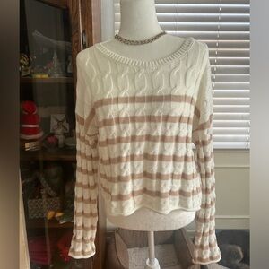 Pink Rose Women's Round Neck White Swirls & Beige Stripes NWT